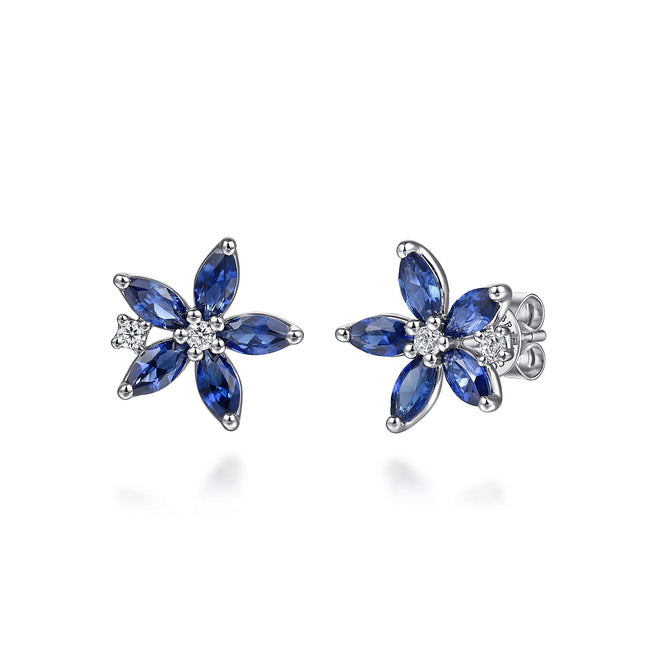 14K White Gold Diamond and Marquise Sapphire Flower Stud Earrings