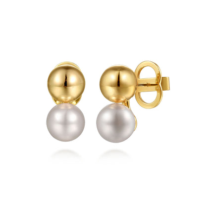 14K Yellow Gold Bujukan and Pearl Stud Earrings