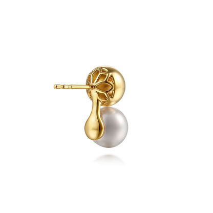 14K Yellow Gold Bujukan and Pearl Stud Earrings