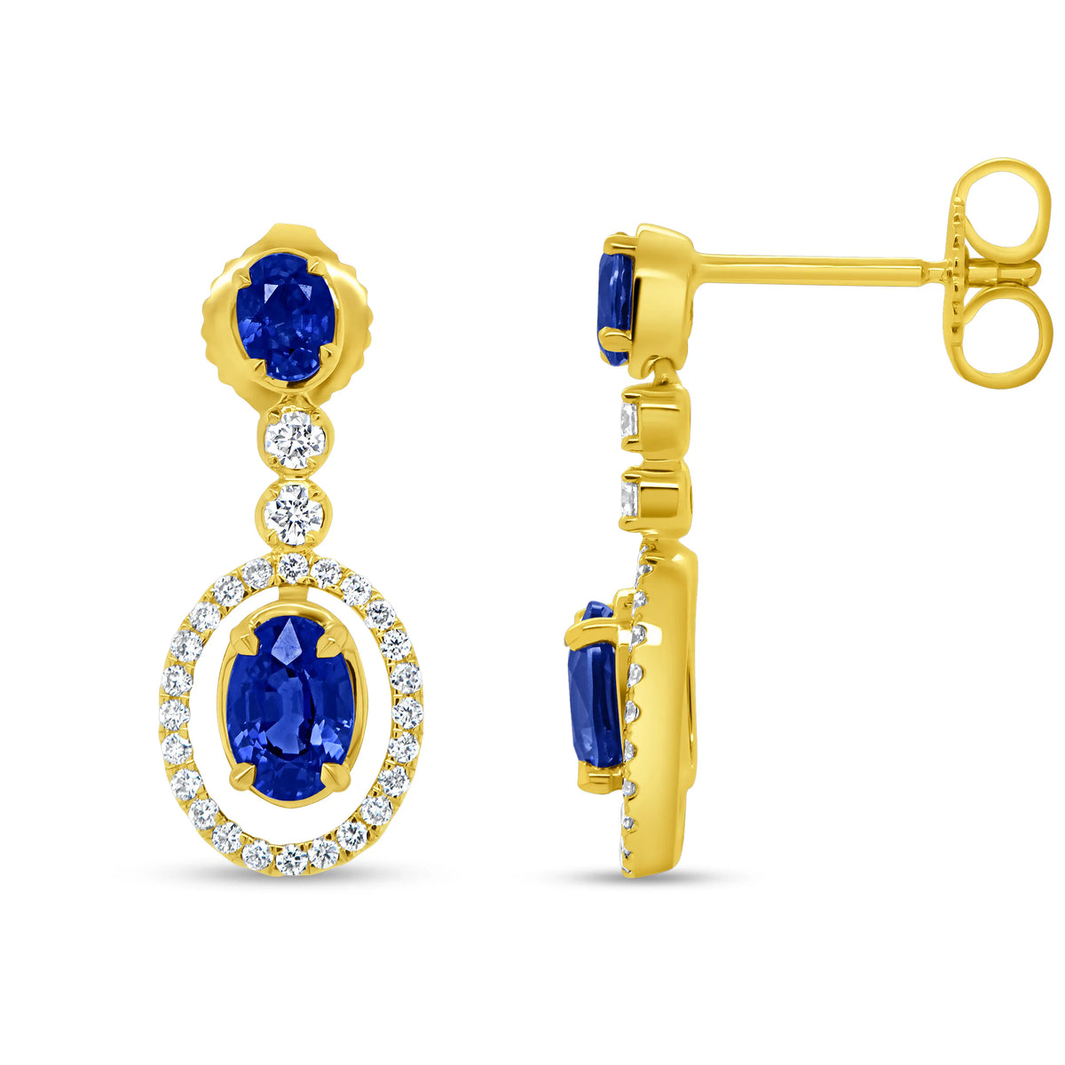 Uneek Precious Collection Halo Oval Shaped Blue Sapphire Drop Earrings