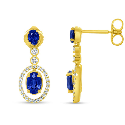 Uneek Precious Collection Halo Oval Shaped Blue Sapphire Drop Earrings