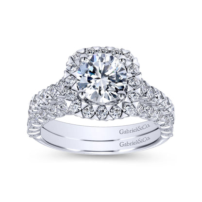 14K White Gold Cushion Halo Round Diamond Engagement Ring
