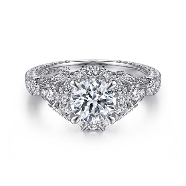 Unique 14K White Gold Vintage Inspired Diamond Halo Engagement Ring