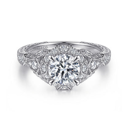 Unique 14K White Gold Vintage Inspired Diamond Halo Engagement Ring
