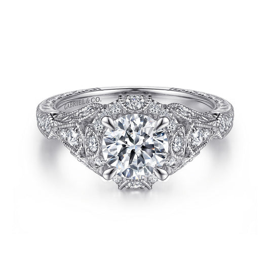 Unique 14K White Gold Vintage Inspired Diamond Halo Engagement Ring