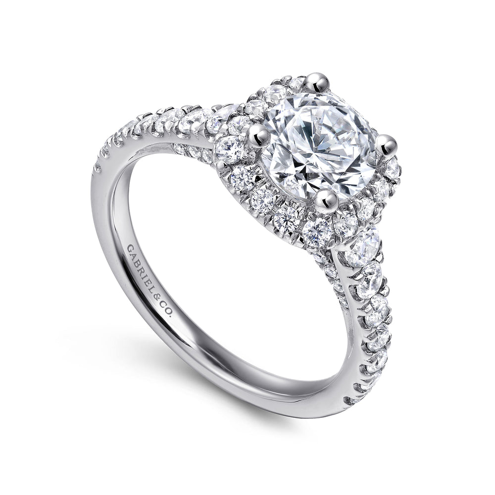 14K White Gold Cushion Halo Round Diamond Engagement Ring