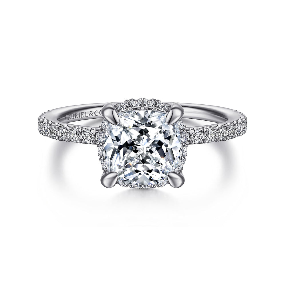 14K White Gold Cushion Hidden Halo Diamond Engagement Ring