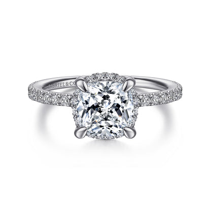 14K White Gold Cushion Hidden Halo Diamond Engagement Ring