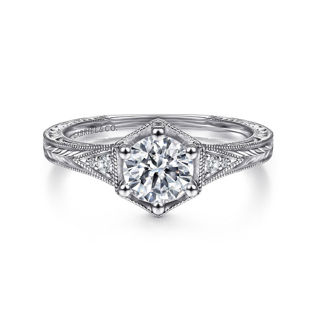 Vintage Inspired 14K White Gold Round Diamond Engagement Ring