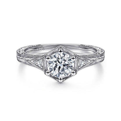 Vintage Inspired 14K White Gold Round Diamond Engagement Ring