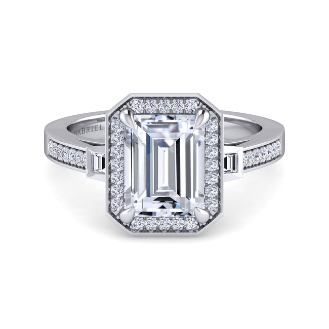 14K White Gold Emerald Three Stone Halo Diamond Engagement Ring