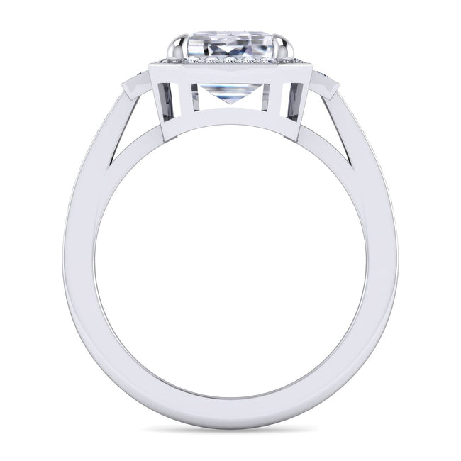14K White Gold Emerald Three Stone Halo Diamond Engagement Ring