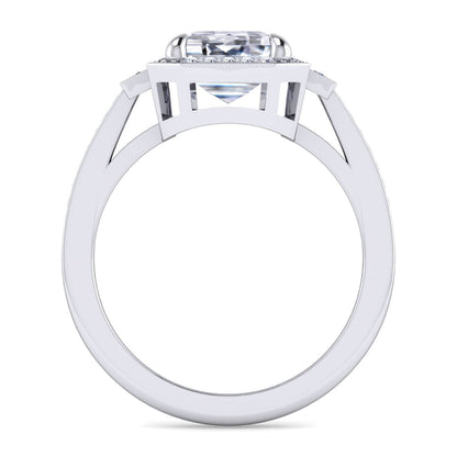 14K White Gold Emerald Three Stone Halo Diamond Engagement Ring