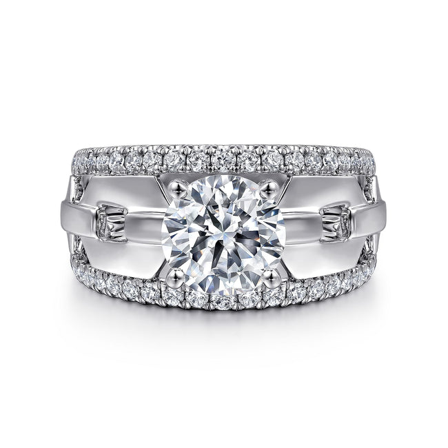 14K White Gold Wide Band Round Diamond Engagement Ring