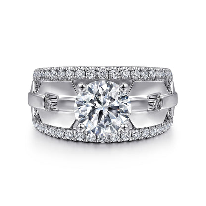 14K White Gold Wide Band Round Diamond Engagement Ring