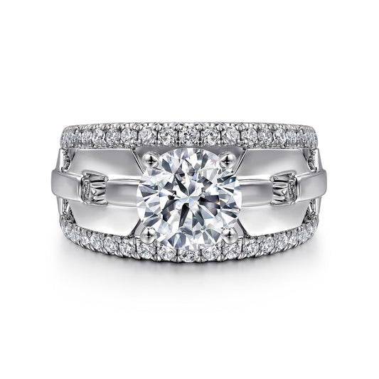 14K White Gold Wide Band Round Diamond Engagement Ring