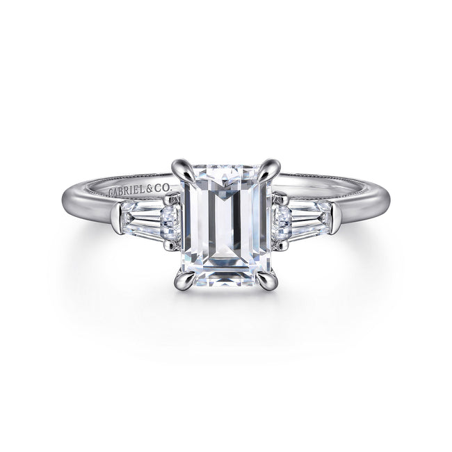 14K White Gold Emerald Cut Three Stone Diamond Engagement Ring