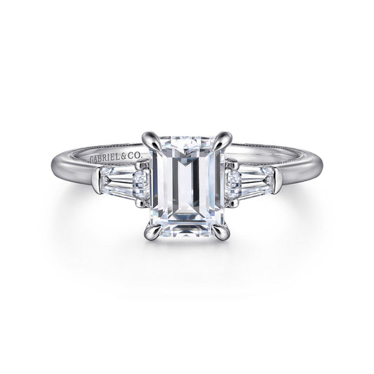 14K White Gold Emerald Cut Three Stone Diamond Engagement Ring