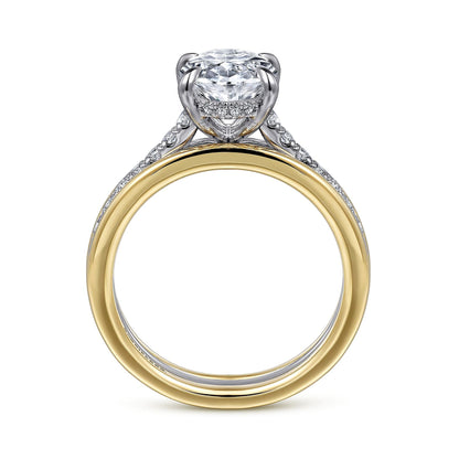 14K Yellow-White Gold Wide Band Oval Diamond Engagement Ring