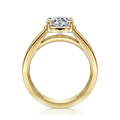 14K Yellow Gold Wide Band Round Diamond Engagement Ring