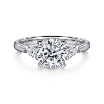 14K White Gold Three Stone Round Lotus Diamond Engagement Ring
