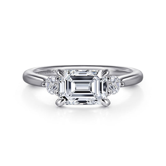 14K White Gold Emerald Cut Three Stone Lotus Diamond Engagement Ring