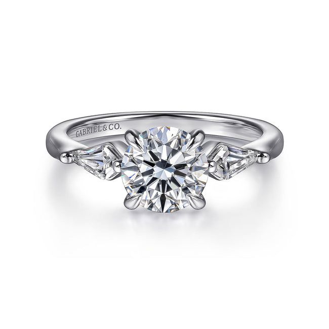 14K White Gold Round Three Stone Diamond Engagement Ring with Kite Side Stones