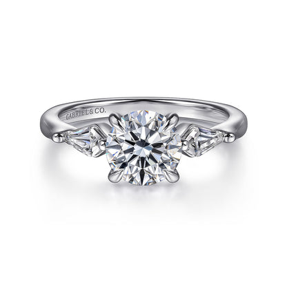 14K White Gold Round Three Stone Diamond Engagement Ring with Kite Side Stones