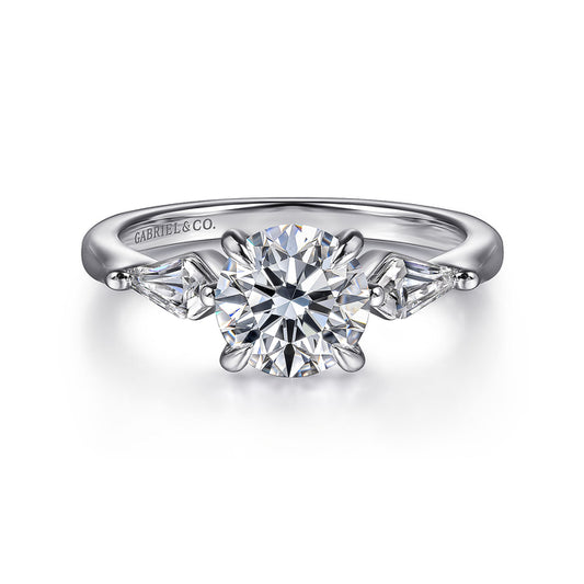 14K White Gold Round Three Stone Diamond Engagement Ring with Kite Side Stones