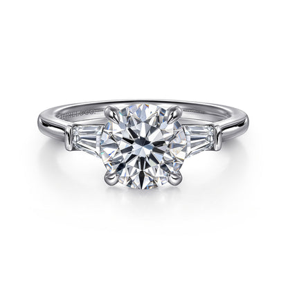 14K White Gold Round Three Stone Lotus Diamond Engagement Ring