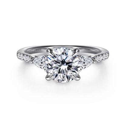 14K White Gold Round Three Stone Lotus Diamond Engagement Ring