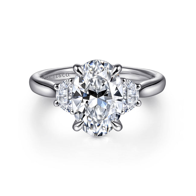 14K White Gold Oval Three Stone Lotus Diamond Engagement Ring