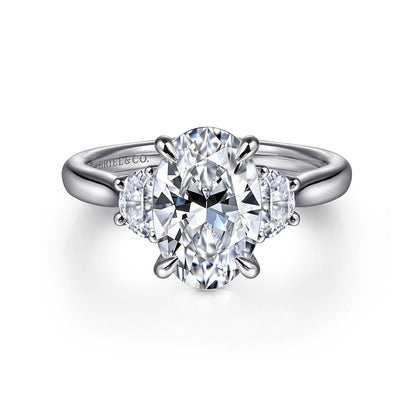 14K White Gold Oval Three Stone Lotus Diamond Engagement Ring