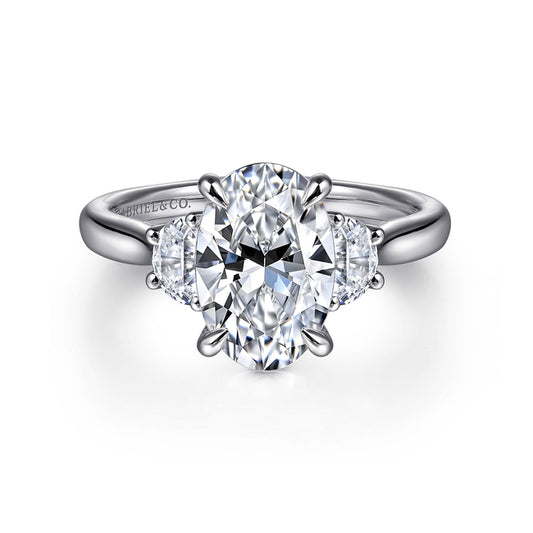 14K White Gold Oval Three Stone Lotus Diamond Engagement Ring