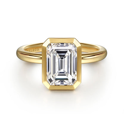 14K Yellow Gold Emerald Cut Bezel Set Diamond Engagement Ring