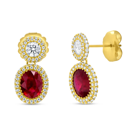 Uneek Precious Collection Halo Oval Shaped Ruby Dangle Earrings