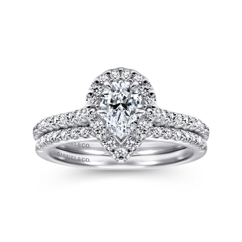 14K White Gold Pear Shape Halo Diamond Engagement Ring