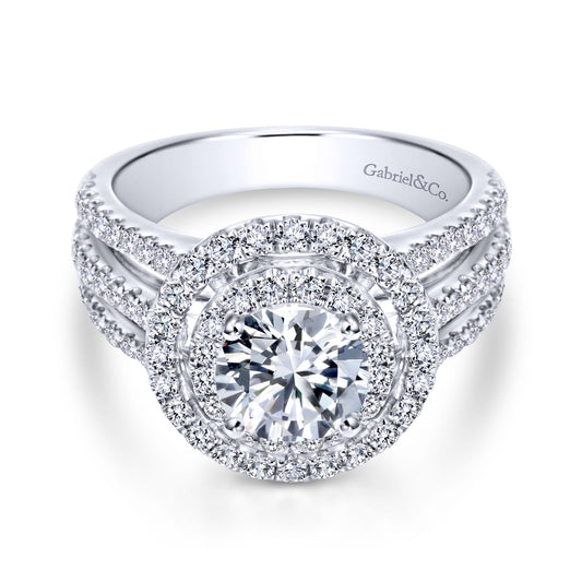14K White Gold Round Double Halo Diamond Engagement Ring