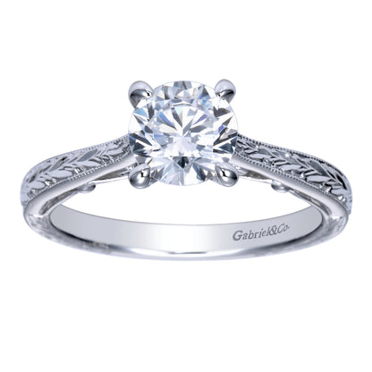 Vintage Inspired 14K White Gold Round Solitaire Engagement Ring