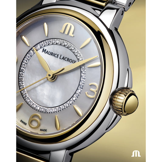 FIABA 32mm - Two-tone stainless steel and 2N gold PVD - White mother-of-pearl, set with 46 diamonds - Two-tone stainless steel and 2N gold PVD