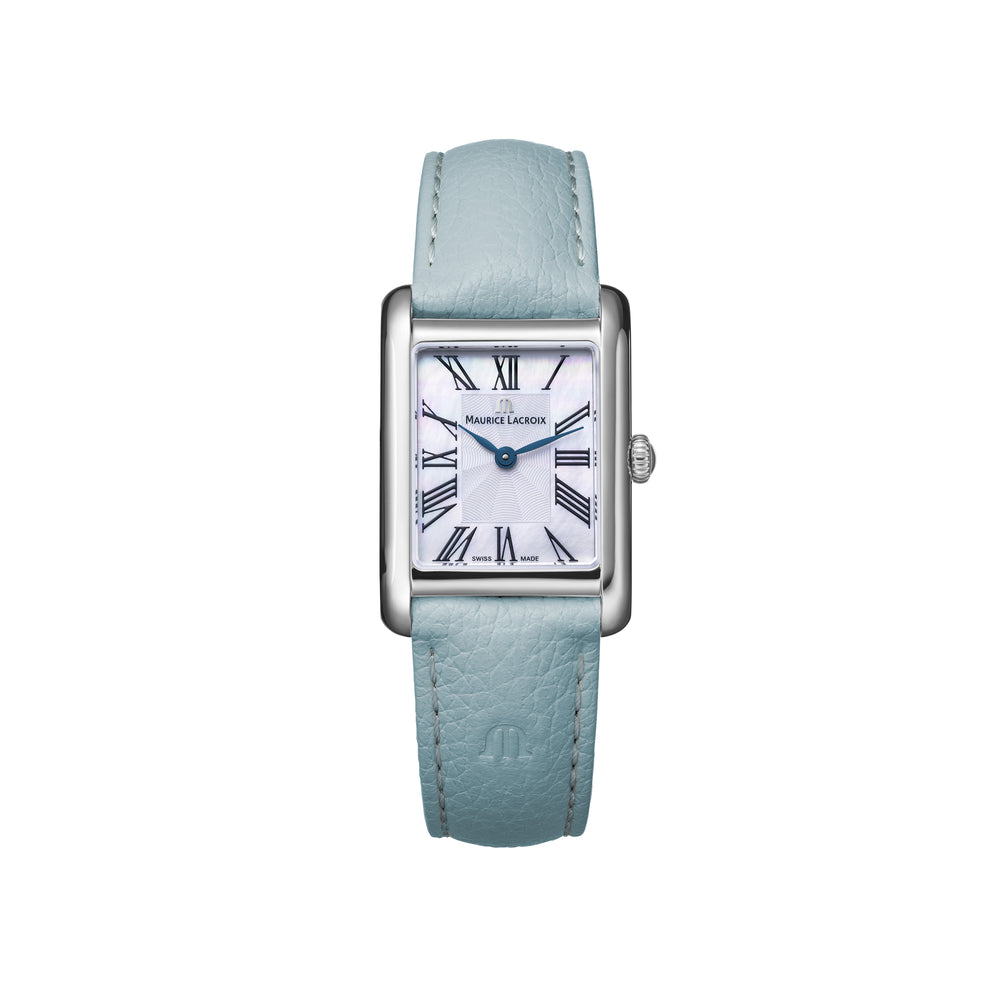 FIABA Square 27.5x24.0mm - Stainless steel - White mother-of pearl, black roman numerals - Light blue calf leather