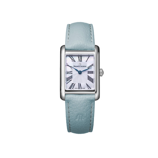 FIABA Square 27.5x24.0mm - Stainless steel - White mother-of pearl, black roman numerals - Light blue calf leather