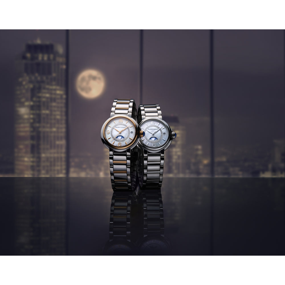 FIABA Moonphase 32mm - Stainless steel - White mother-of-pearl, set with 46 diamonds - Stainless steel