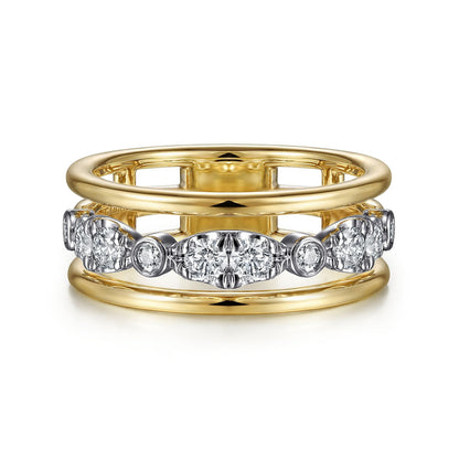 14K White-Yellow Gold Three Row Diamond Open Ring