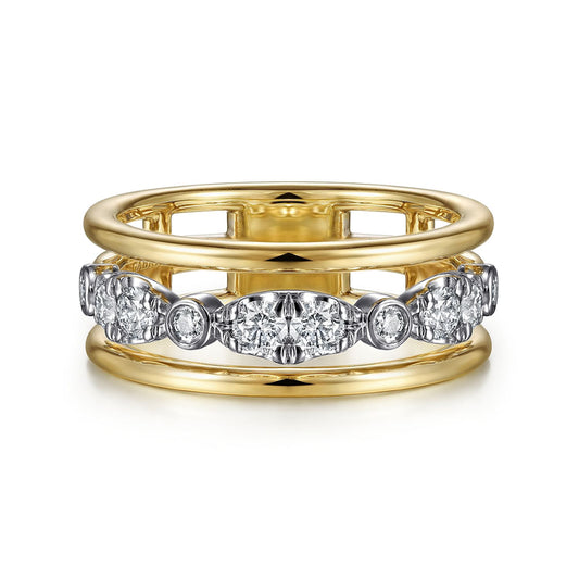 14K White-Yellow Gold Three Row Diamond Open Ring