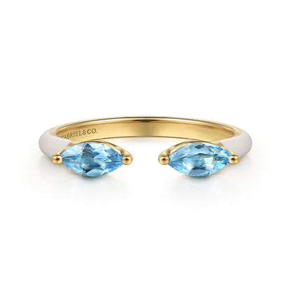 14K Yellow Gold Blue Topaz Open Stackable with White Enamel