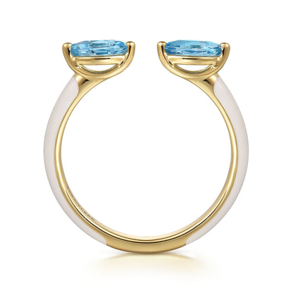 14K Yellow Gold Blue Topaz Open Stackable with White Enamel