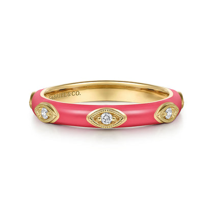14K Yellow Gold Diamond Split Stackable with Fuchsia Enamel