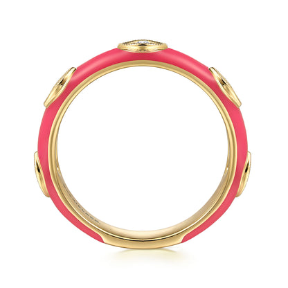 14K Yellow Gold Diamond Split Stackable with Fuchsia Enamel