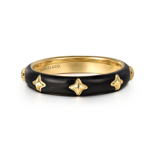 14K Yellow Gold Star Split Stackable with Black Enamel